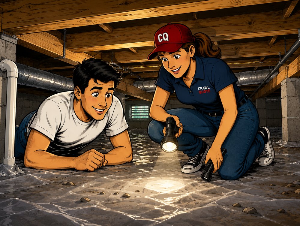 Comic-style scene: the CrawlQuote guide in her red CQ cap shines a flashlight into an open exterior crawl space opening while a homeowner lies beside her, peering in.