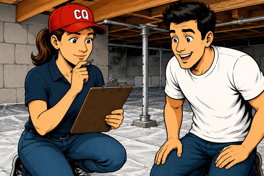 The CrawlQuote guide reviews a clipboard with a homeowner inside a clean crawl space