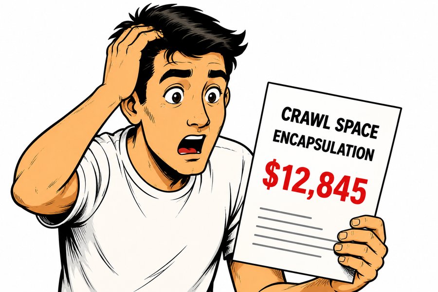 A shocked homeowner holds a crawl space encapsulation quote for $12,845 and asks why prices are so different