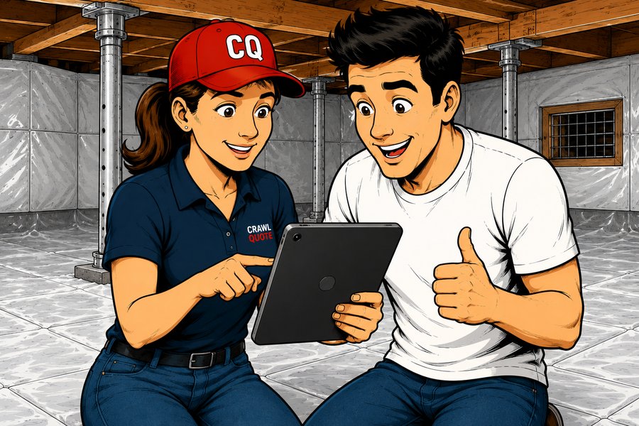 The guide and homeowner smile at a tablet. Speech bubble: finally, some straight answers.